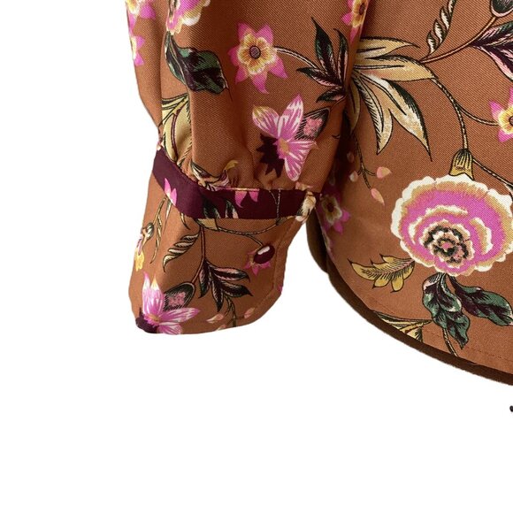 Burgandy and Terra Cotta Coloured Floral 1/2 Button Floral Blouse - Picture 5 of 7